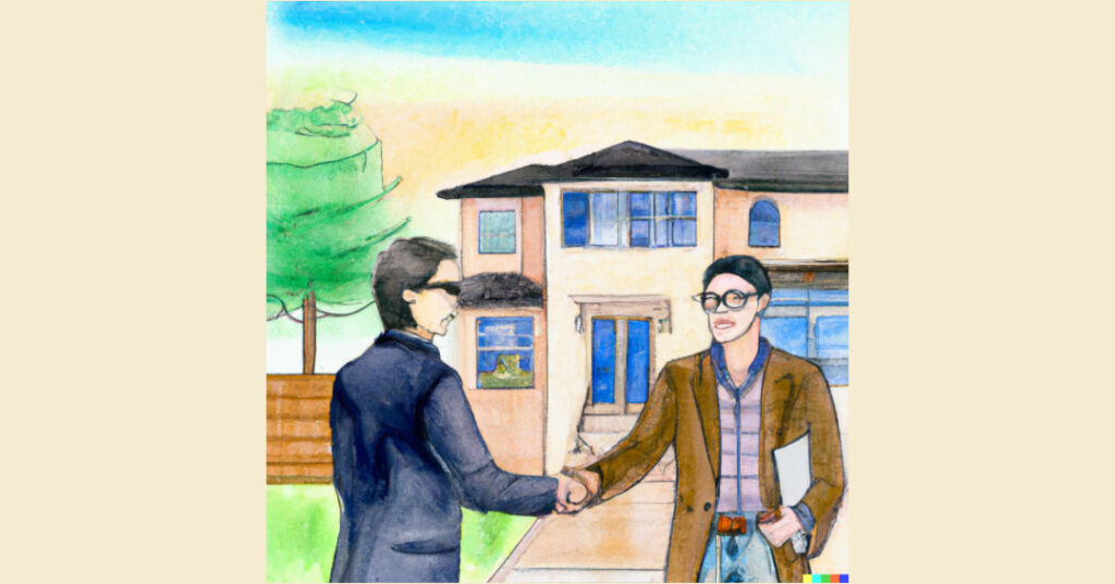 Real estate agent and homebuyer shaking hands in front of a house, representing successful agent selection.