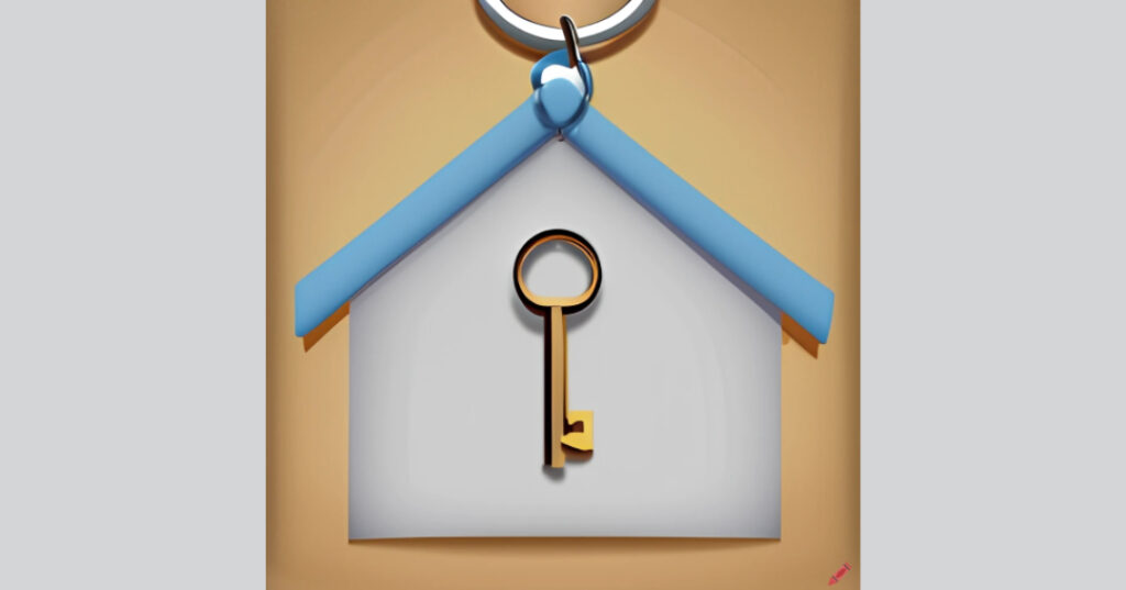 Keychain of a house with a key on the front