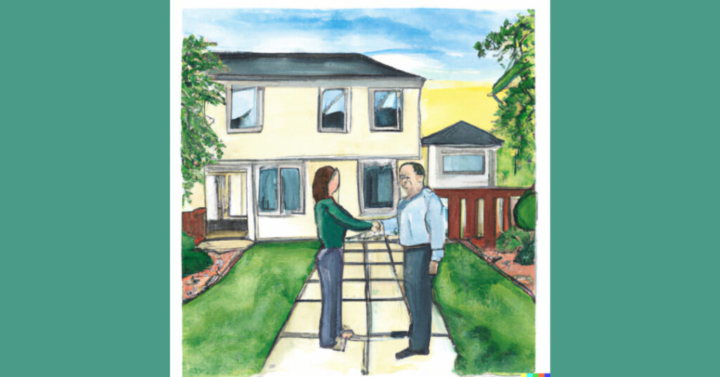 Home seller and buyer shaking hands in front of the home they have just negiotiated