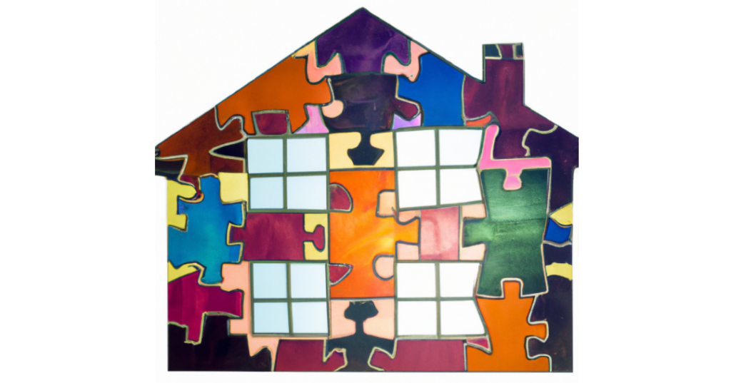 Colorful puzzle pieces representing factors that contribute to a home's value, including location, square footage, number of bedrooms and bathrooms, upgrades, and market trends