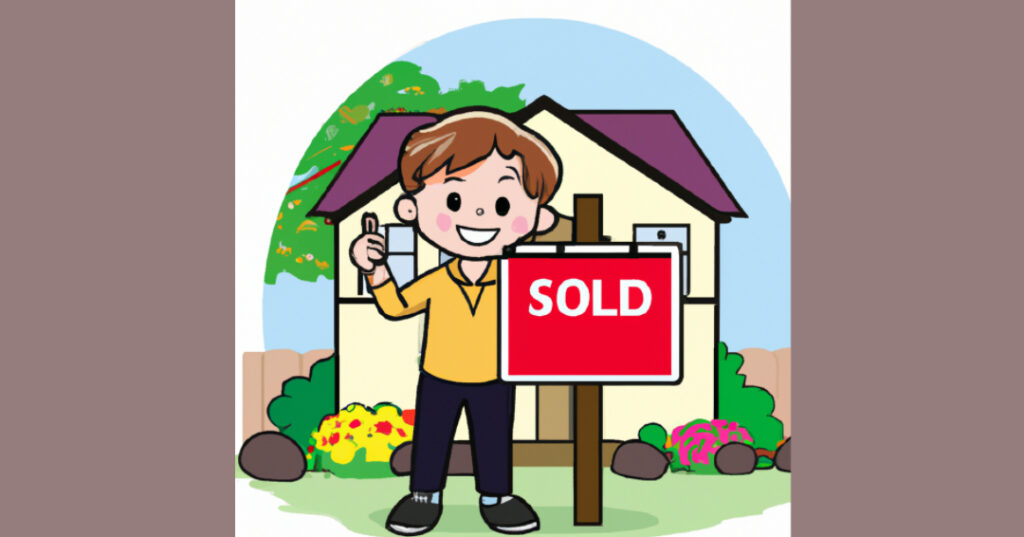 illustration of a happy home seller holding a "SOLD" sign infront of their property, celebrating the successful completion of the home selling process