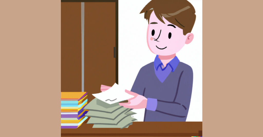 illustration of a home seller organizing a neat stack of documents on a desk, symbolizing the preparation of necessary documents for the closing process