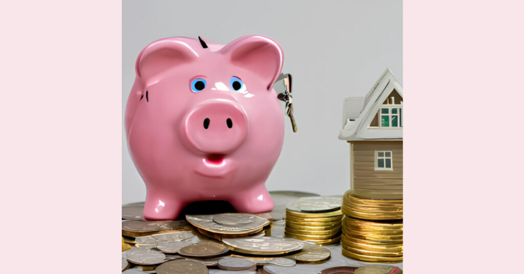 Piggy bank on a pile of money with house key and small house, symbolizing down payment savings for home buyers.